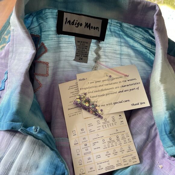 Indigo Moon Shirt Button Front Blue Ombré Purple Ribbon 2X NEW QVC - Picture 2 of 7